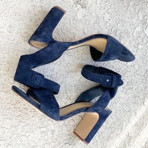 New Anthropologie Navy Blue Suede Ankle Strap Open Toe Heeled Sandal 10